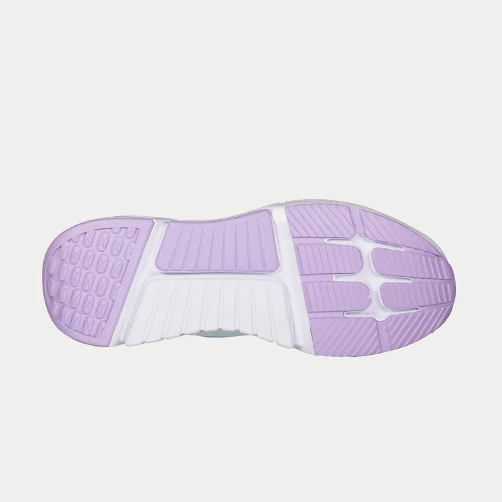 Close-up of a purple and white athletic shoe sole on a light gray background