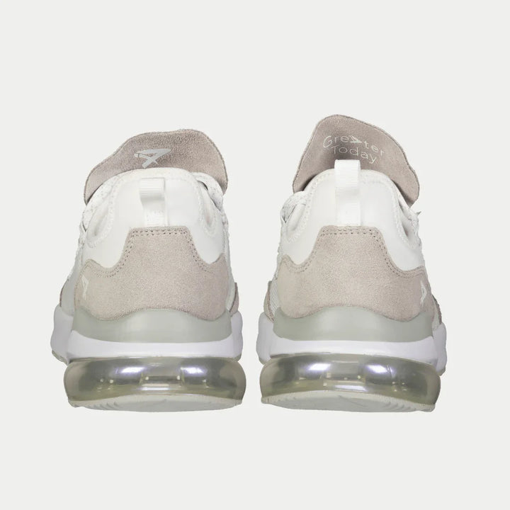 Pair of white x gray sneakers with transparent sole on a light gray background