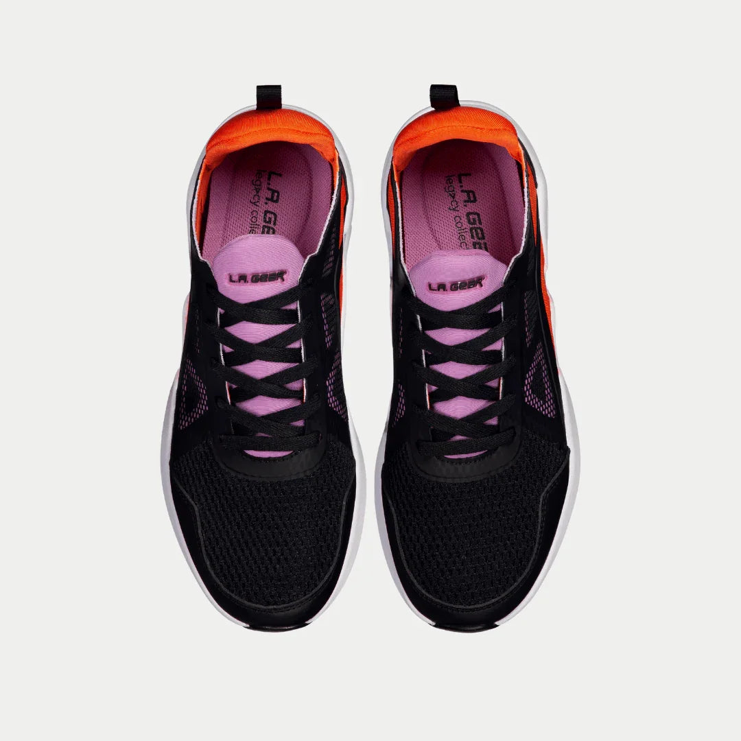 Black shoes with pink accents on a white background