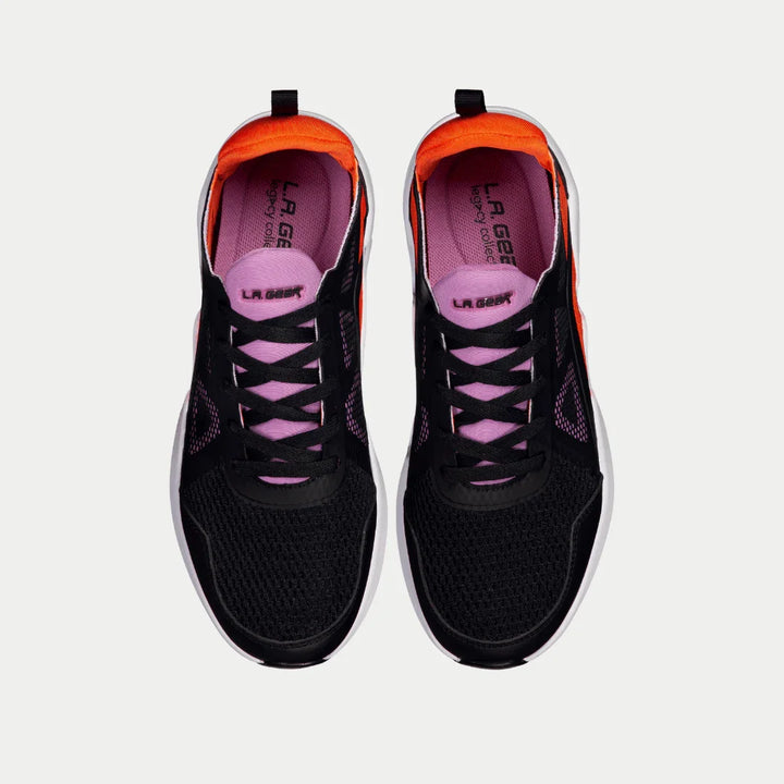 Black shoes with pink accents on a white background
