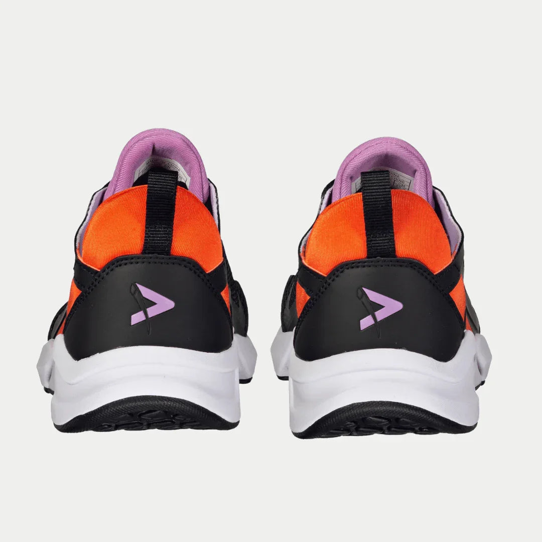 Orange, black, and white sneakers with a purple logo on a light gray background
