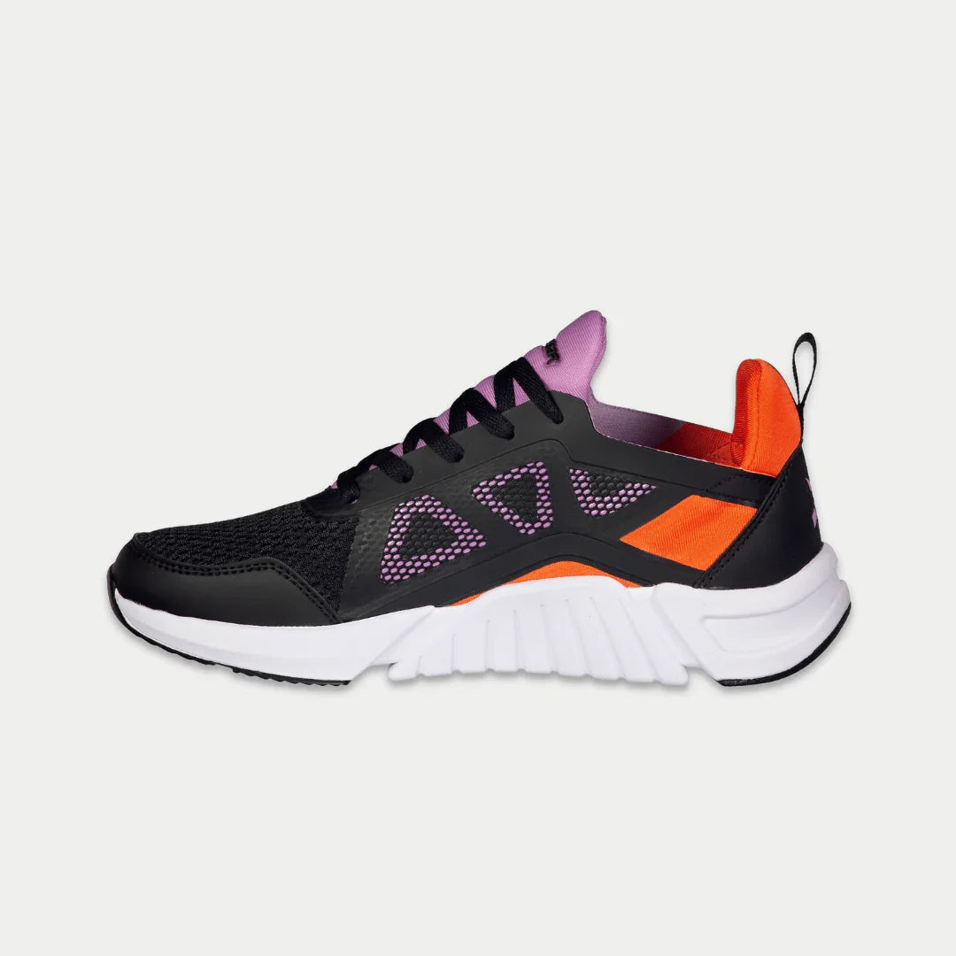 Black shoe with orange and purple accents on a white background
