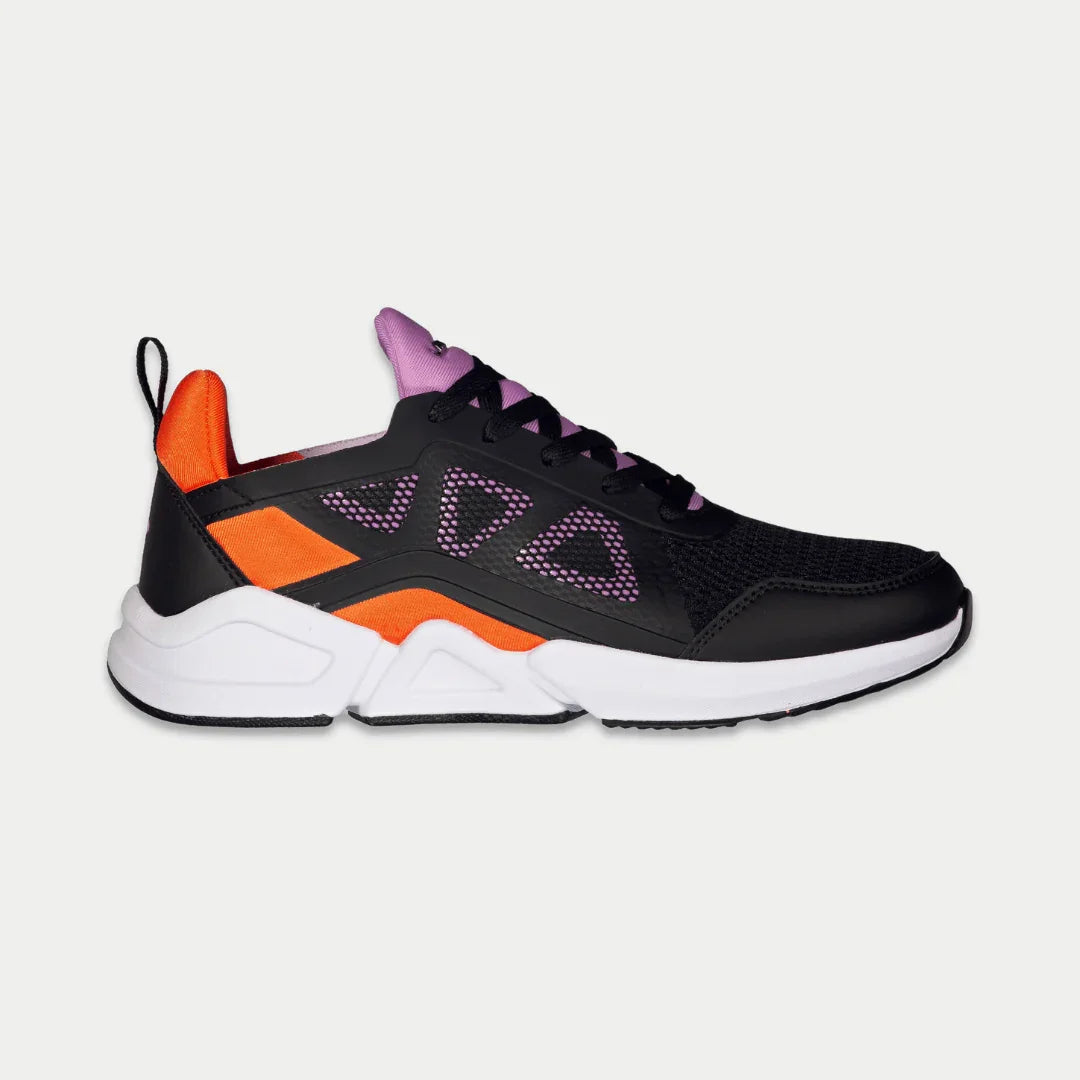 Black and orange sneaker with purple accents on a light gray background