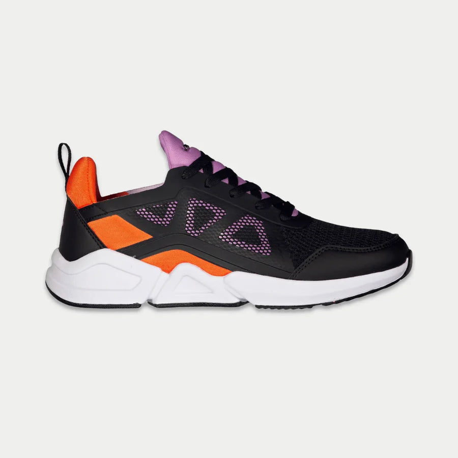 Black and orange sneaker with purple accents on a light gray background