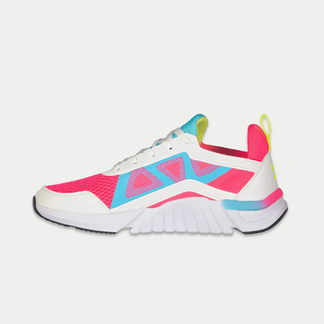 Colorful sneaker with pink, blue, and white design on a light gray background