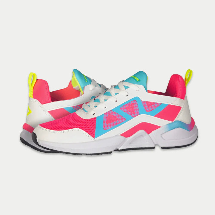 Colorful sneakers with pink, blue, and white design on a light gray background