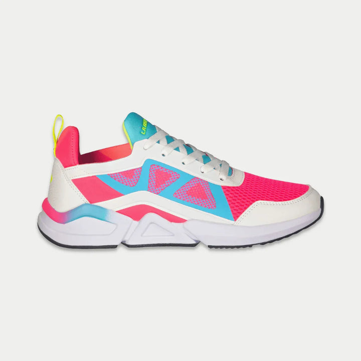 Colorful sneaker with pink, blue, and white design on a light gray background